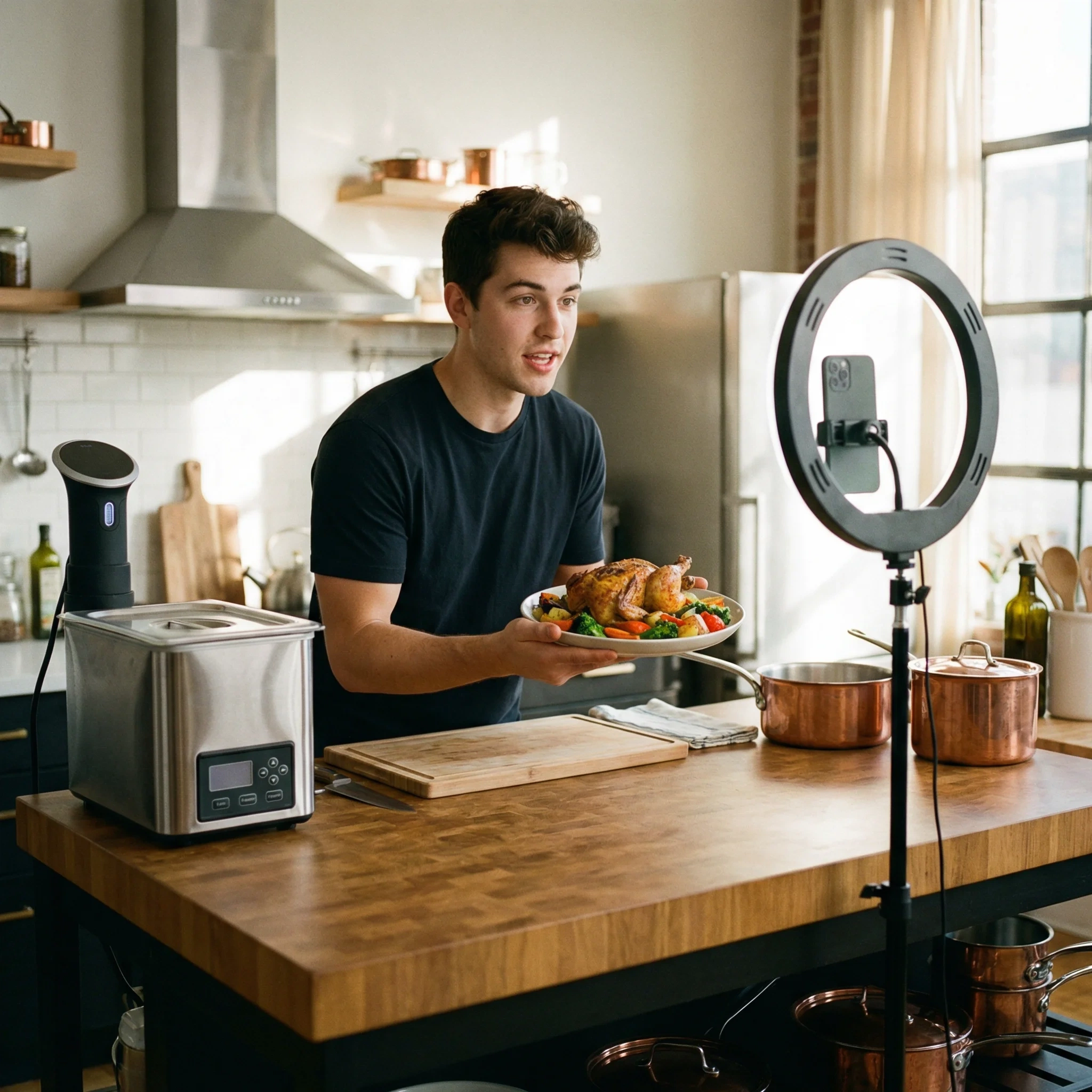 黄色仓库签约美食达人大厨阿杰在厨房拍摄美食视频